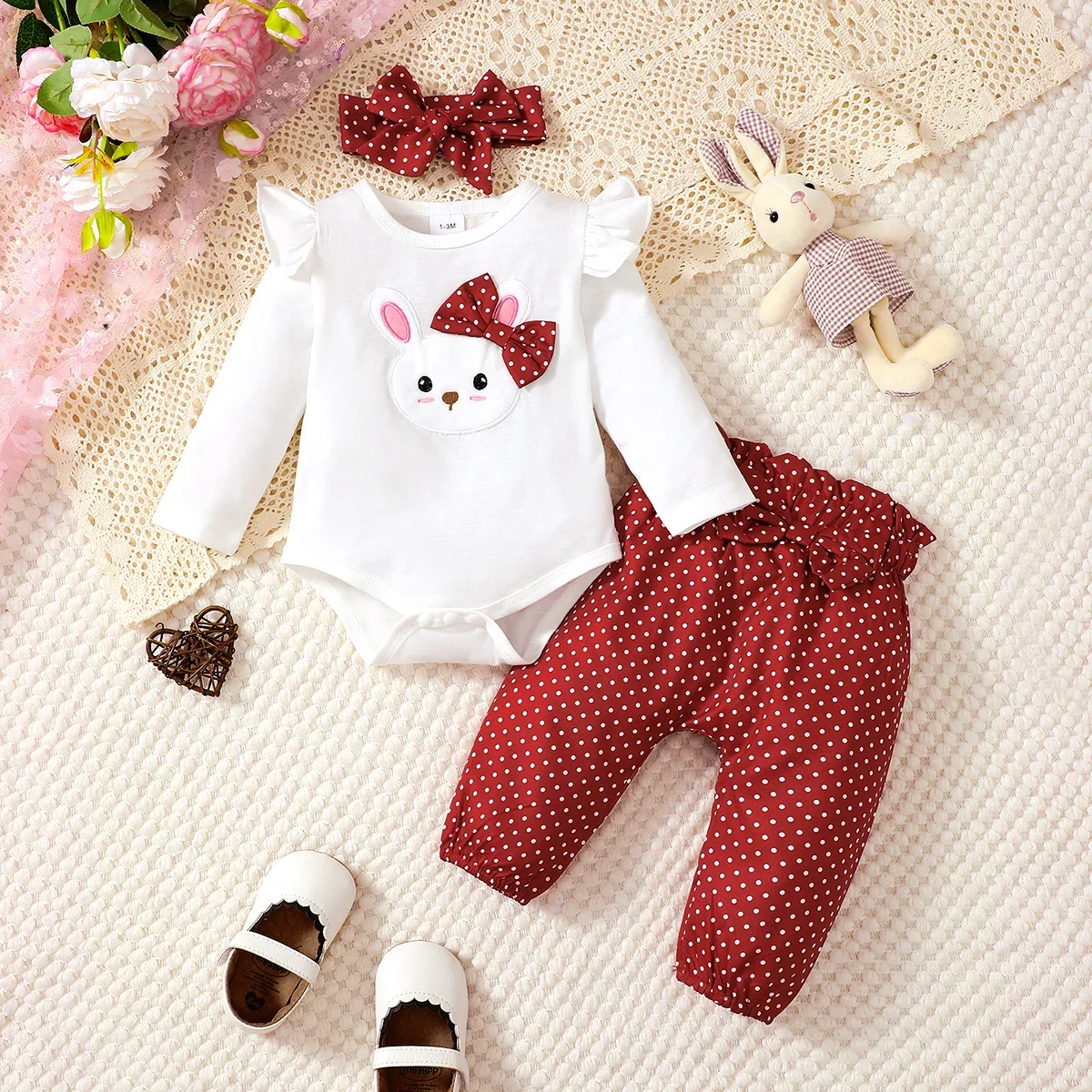

Baby girl Set Cartoon Cute Bunny Jumpsuit+Bow Pants+Headband 3Pcs/Set suitable Newborns aged 0-18 Months Spring and Autumn Set