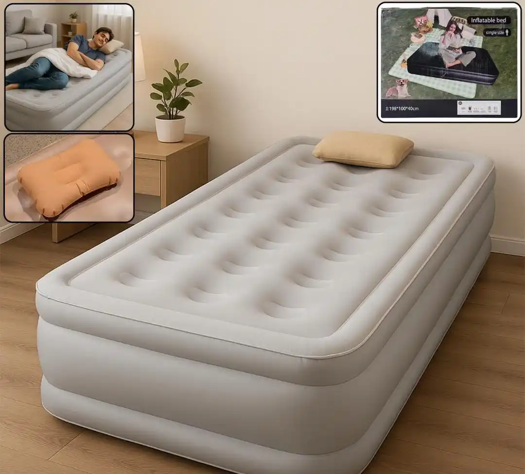 

New Vision PVC Rectangle Portable Elevated Inflatable Air Bed | Quick-Fold Single Guest Mattress for Camping (190x100 Cm)