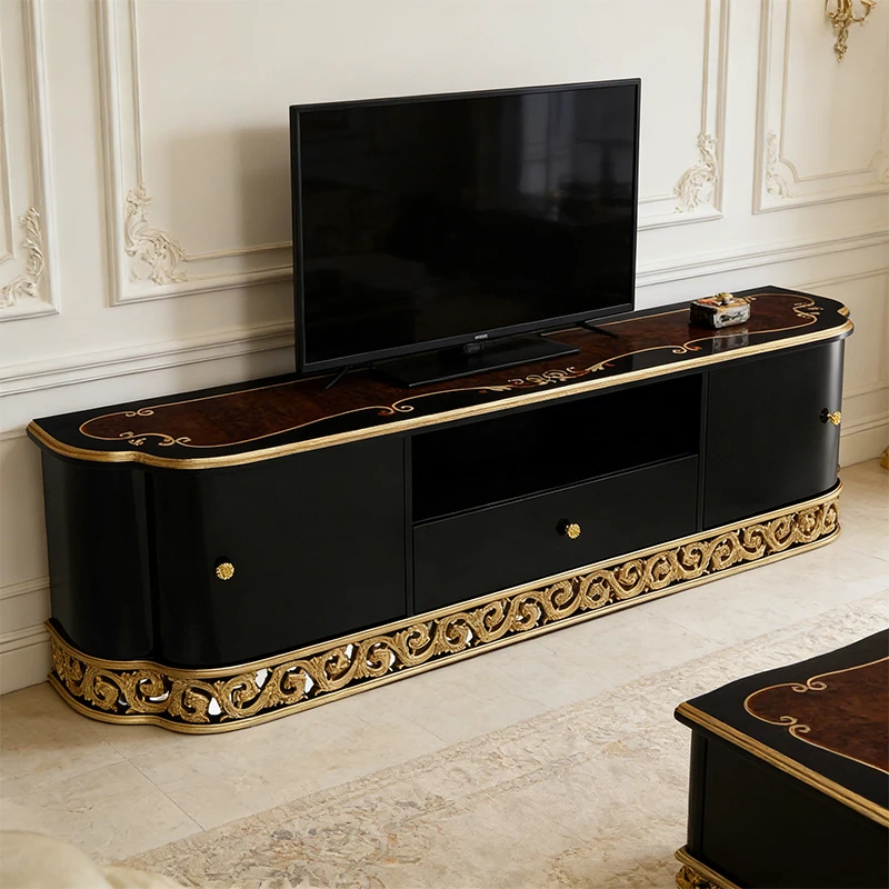 !@European Luxury Design Villa High-Gloss Black Lacquer Storage TV Stand Ebony&Burl Veneer Solid Wood TV Cabinet for Living Room