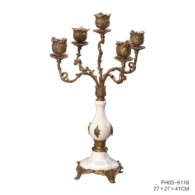 European antique style white ceramic pigeon bell base 5 arm candlestick retro copper porcelain home decoration candlestick