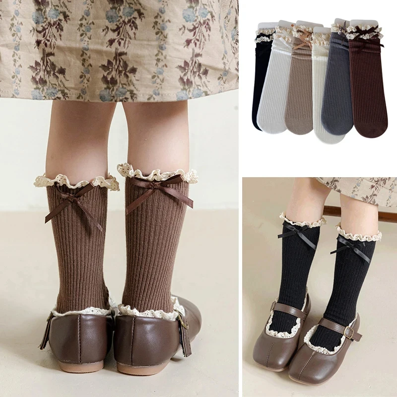 Girls Lace Bow Calf High Long Sock for Kids Sweet Beige Coffee Color Bow Ruffle Sock Children Spring Autumn Cotton School Sock