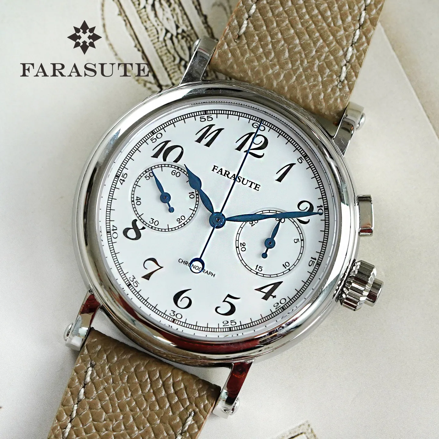 FARASUTE Men Chronograph Watch Pilot 40mm Manual Winding Mechanical Wristwatch Sapphire Mirror ST1900 Mov Enamel Dial