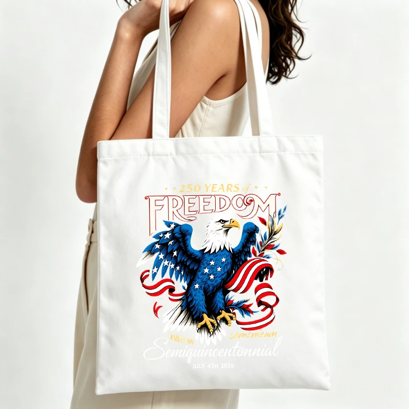 Women's eagle graphic canvas tote bag with vintage freedom print, ideal for summer shopping and casual outings
