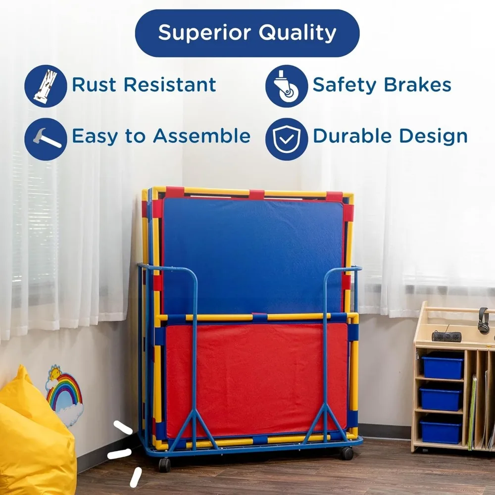 منظم عربة الفصول الدراسية المحمول، حل تخزين متنقل لسجادات القيلولة ومعدات اللعب الناعمة، عربة دوارة للنوم والشاي #4