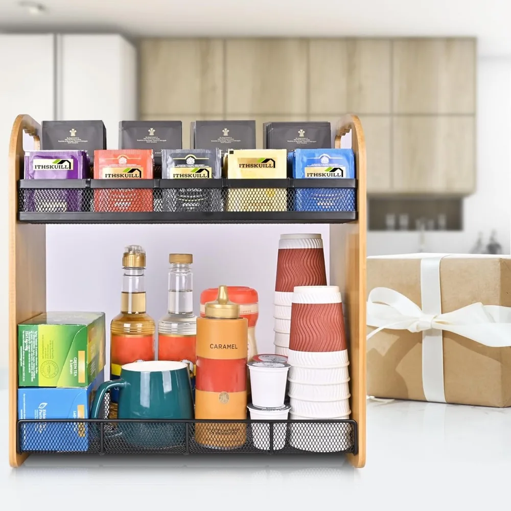 Large Capacity Bamboo Tea Bag Organizer with Adjustable Compartments, Wall Mount or Desktop Storage for Home Kitchen Office