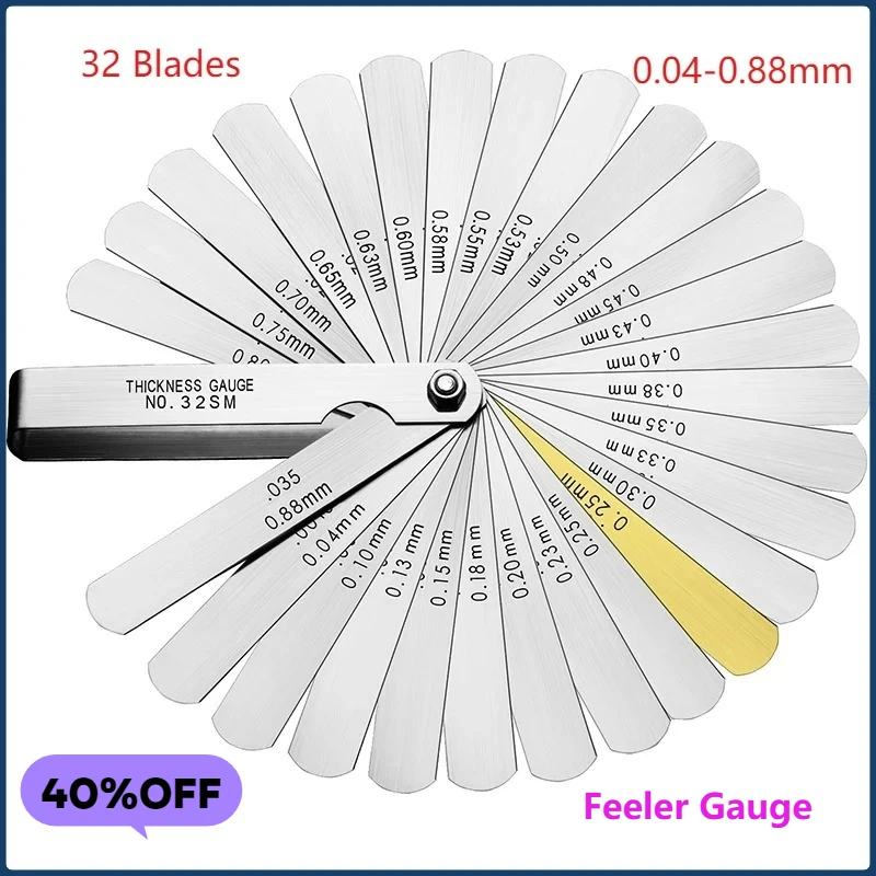 

Feeler Gauge 32 Blades Alloy Metric Gap Range Finder Valve Teaching Tools 0.04-0.88mm Thickness Gap Copper Sheet Measuring Tool