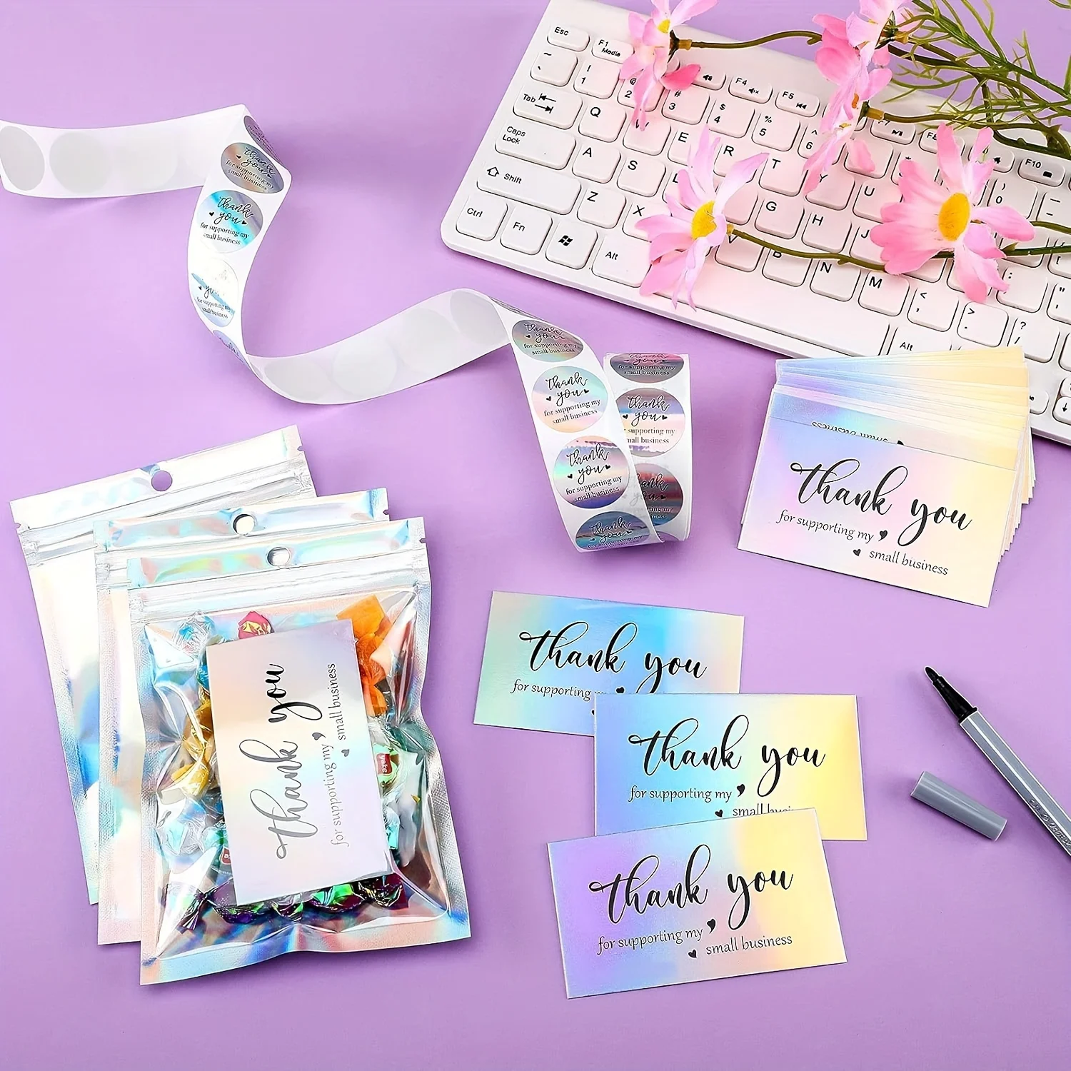 620 Thank You Cards and Stickers Set, Including 20 Re-sealable Packaging Bags, 500 Small Business Stickers and 100 Business Card