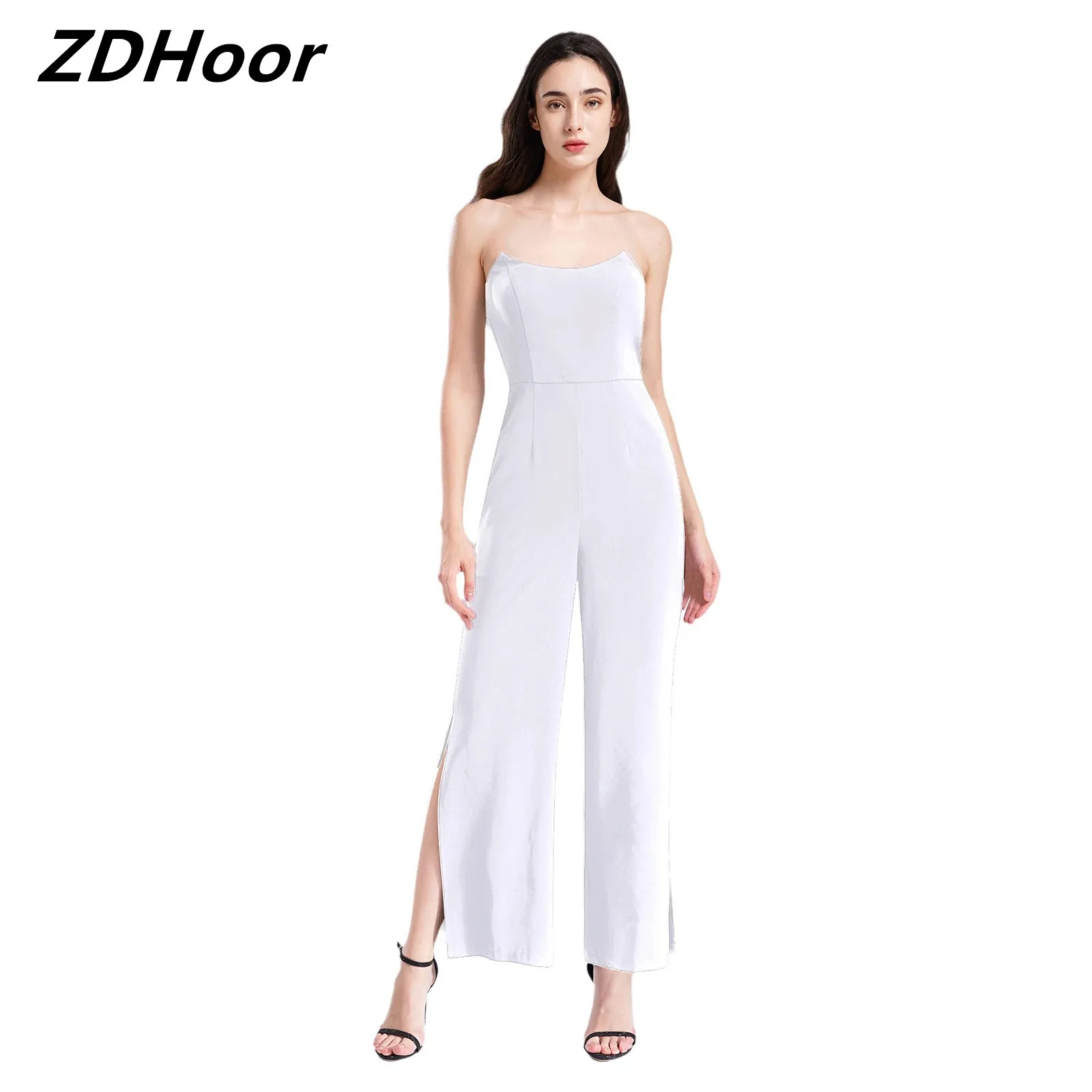 

Womens Elegant Party Jumpsuit Strapless Romper High Waist Slit Wide Leg Long Pants One-piece Bodysuit for Cocktail