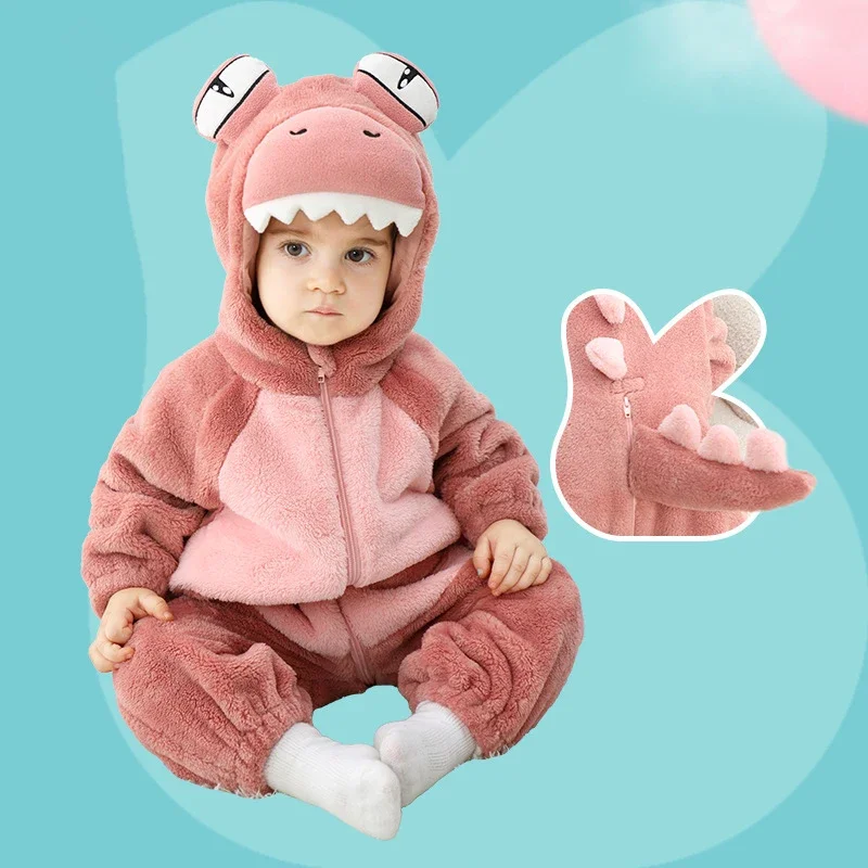 Halloween Cartoon Crocodile Baby Romper Todder Winter Thick Zipper Hooded Onesie Baby Boy Girl Clothes Flannel Cosplay Costume