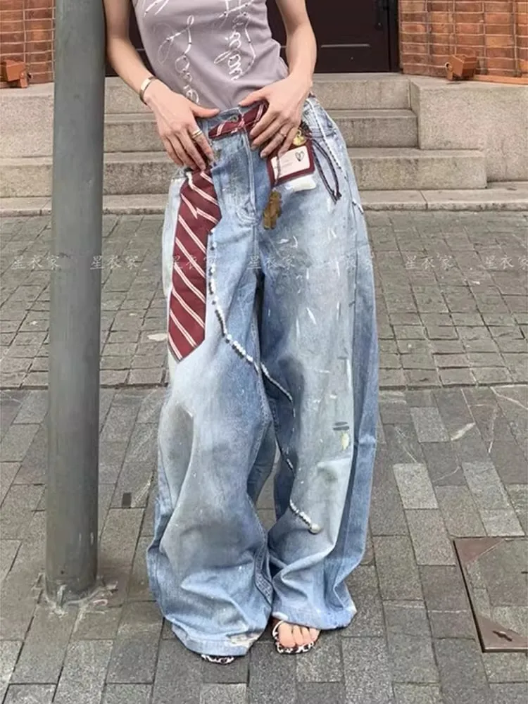Women's Tie Print Pattern High Waisted Blue Jeans Y2k Cool Girl Wide Leg Vintage Streetwear Trouser Female Casual Denim Pants