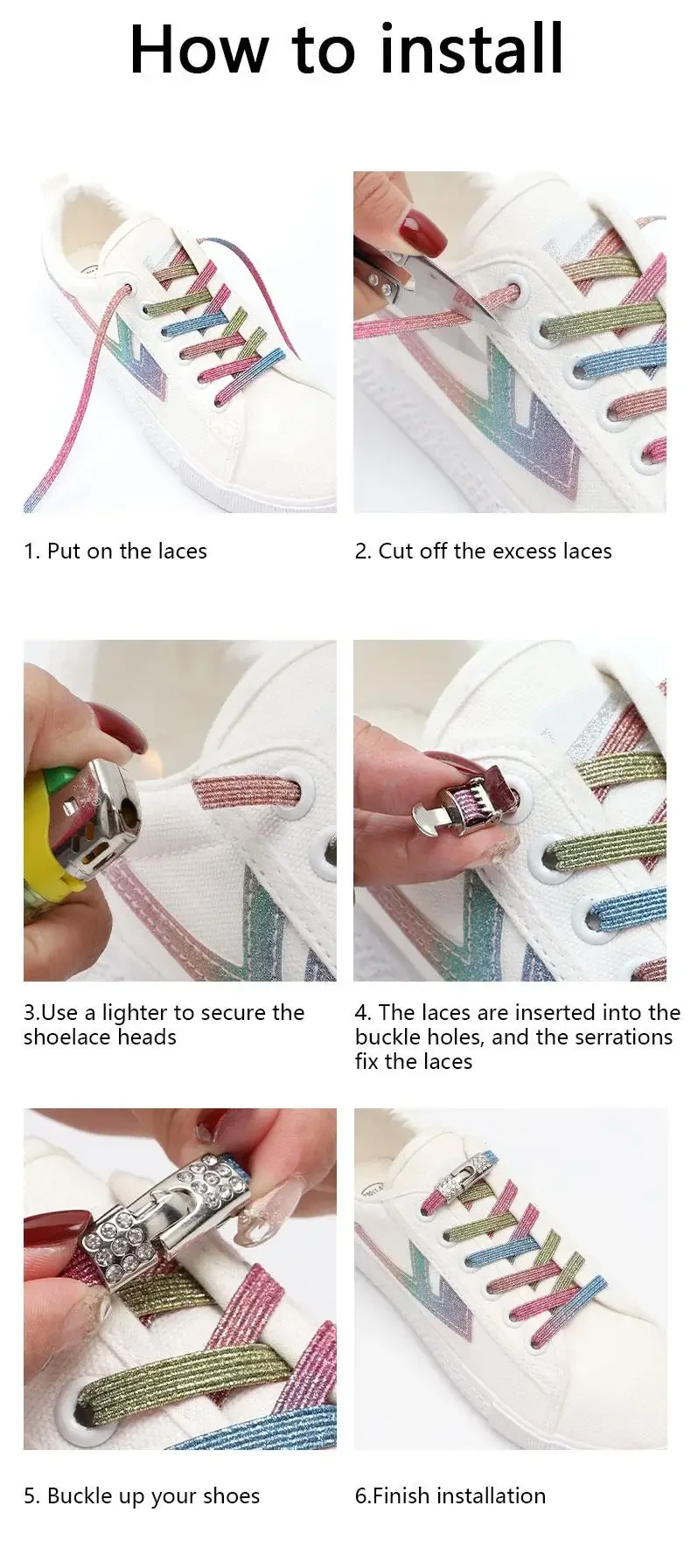 Luxuriöse Diamant-Kreuzschlüssel-Schnürsenkel ohne Binden, Regenbogen-Elastikschnürsenkel für Sneaker, Kinder und Erwachsene, Schnürsenkel ohne Binden, flache Schnürsenkel – Detail 7
