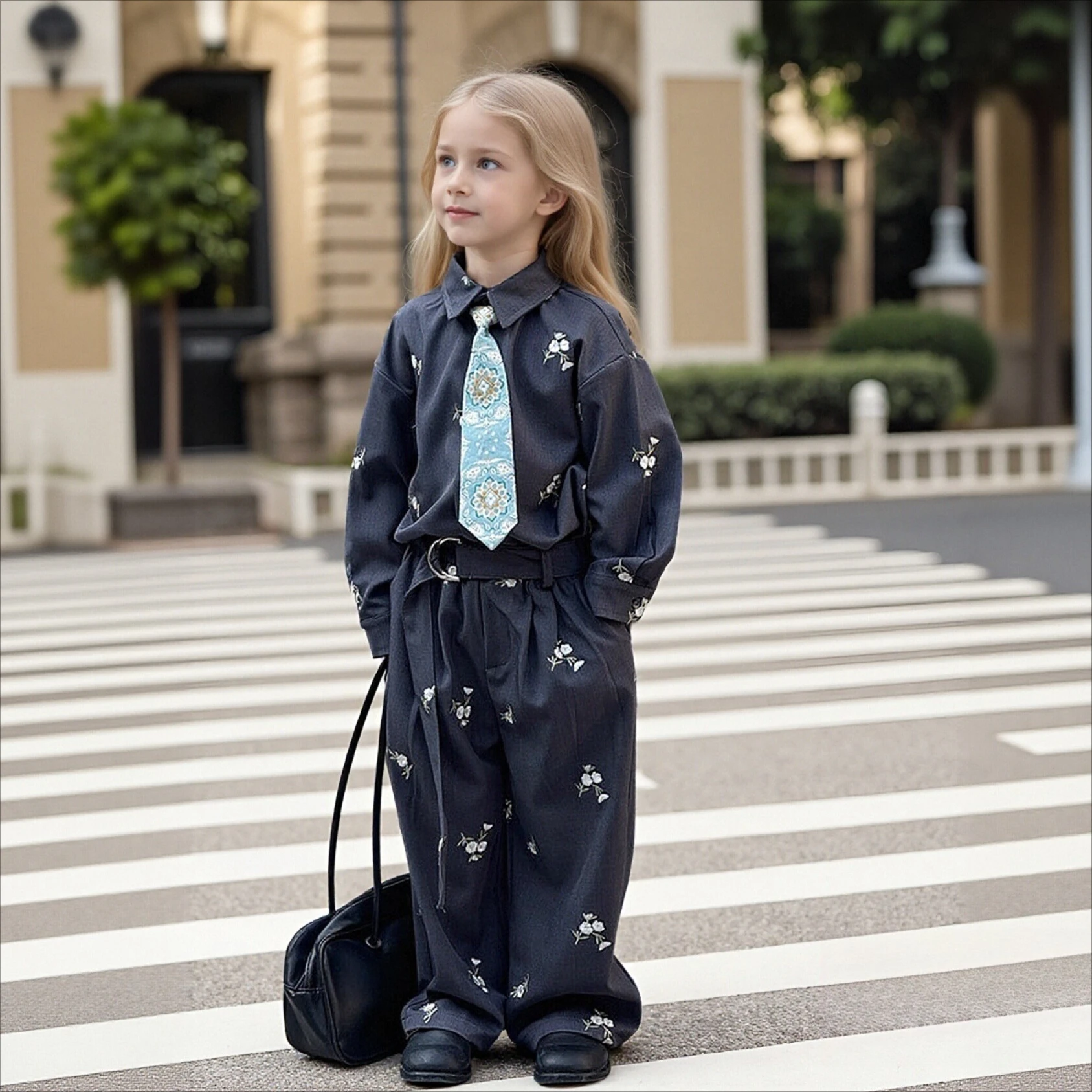 School Girls Shirt Set Trendy Floral Embroidered Blouse Wide Leg Pants Suit Boys Casual Outfits for Kids Spring Autumn Clothes