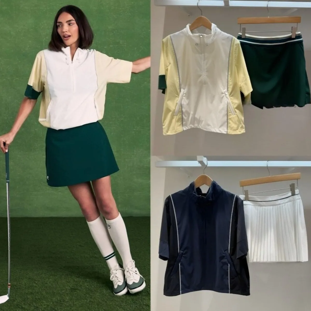 2 Piece Set 2026 New Korean Style Golf Half-Zip Stand Collar Short Sleeve Top and Pleated Mini Skirt Women Casual Sport Outfit