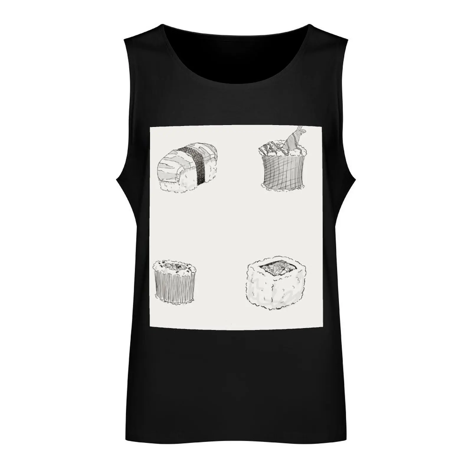 Yummy Monochrome Sushi Print Tank Top Body man Sleeveless top