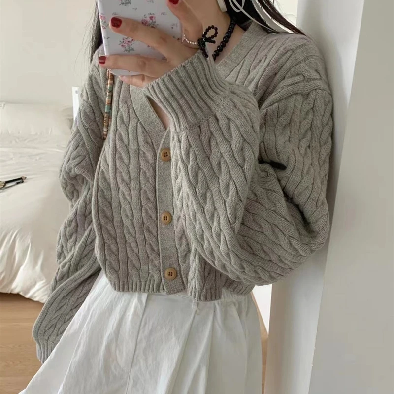 

korean solid lantern sleeve women's Knitted Sweater Autumn Winter Short Cardigan jacket Loose V-Neck Fashion Soft Sweaters Women