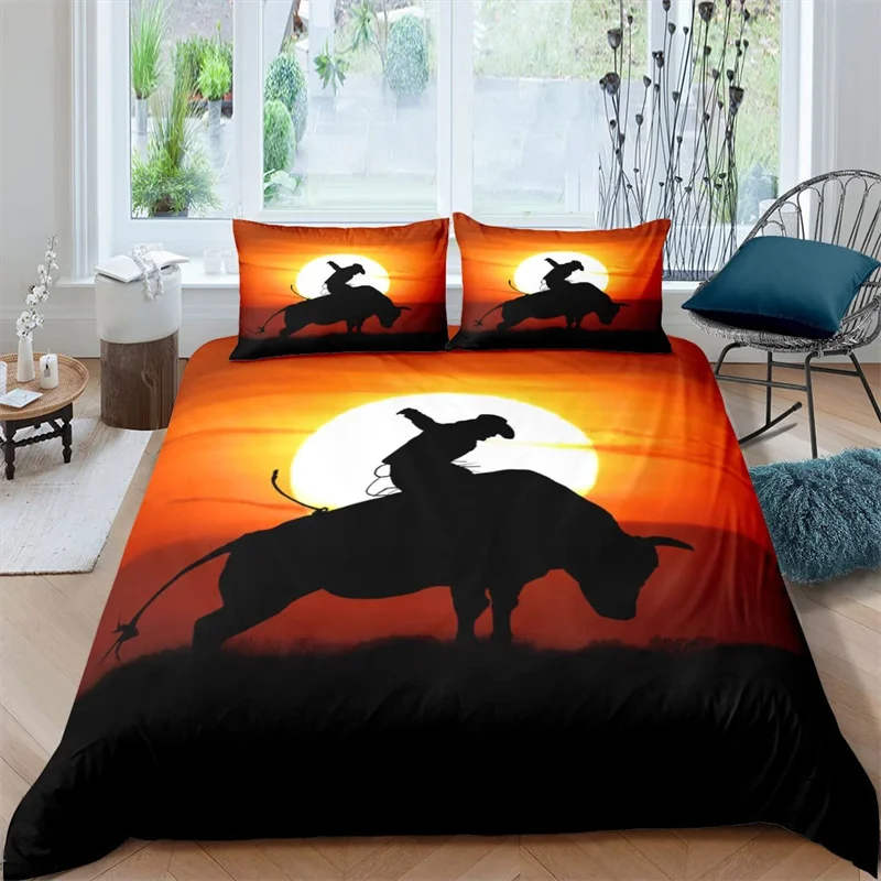 

Western Cowboy Duvet Cover Rodeo Cowboy Riding Bull Horse Bedding Set Full For Boys Teen Microfiber Farmhouse Style Quilt Cover