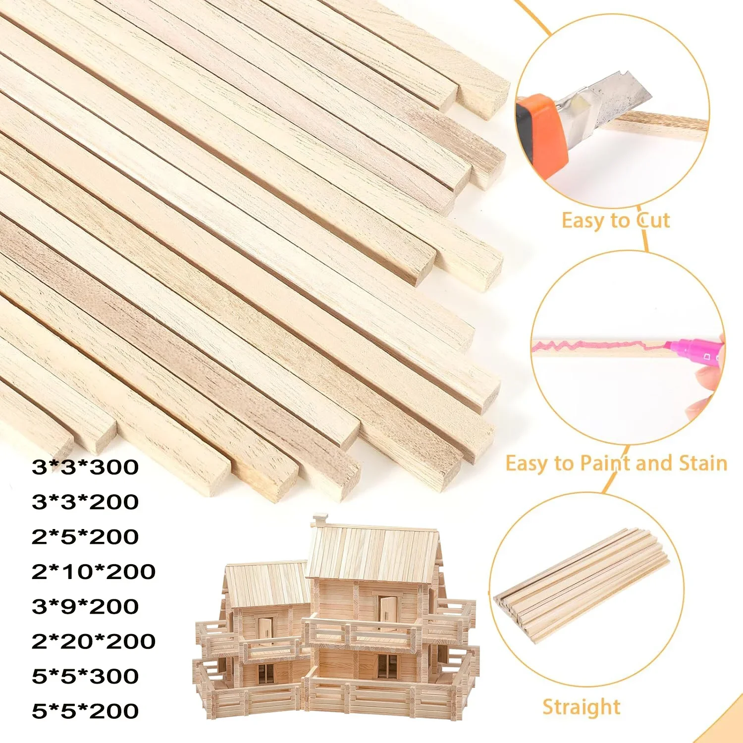 20-50pcs Balsa Wood DIY Wooden Strip Craft Square Light Wood Handcrafted Logs Soft Wood  Easy to Cut Architectural model