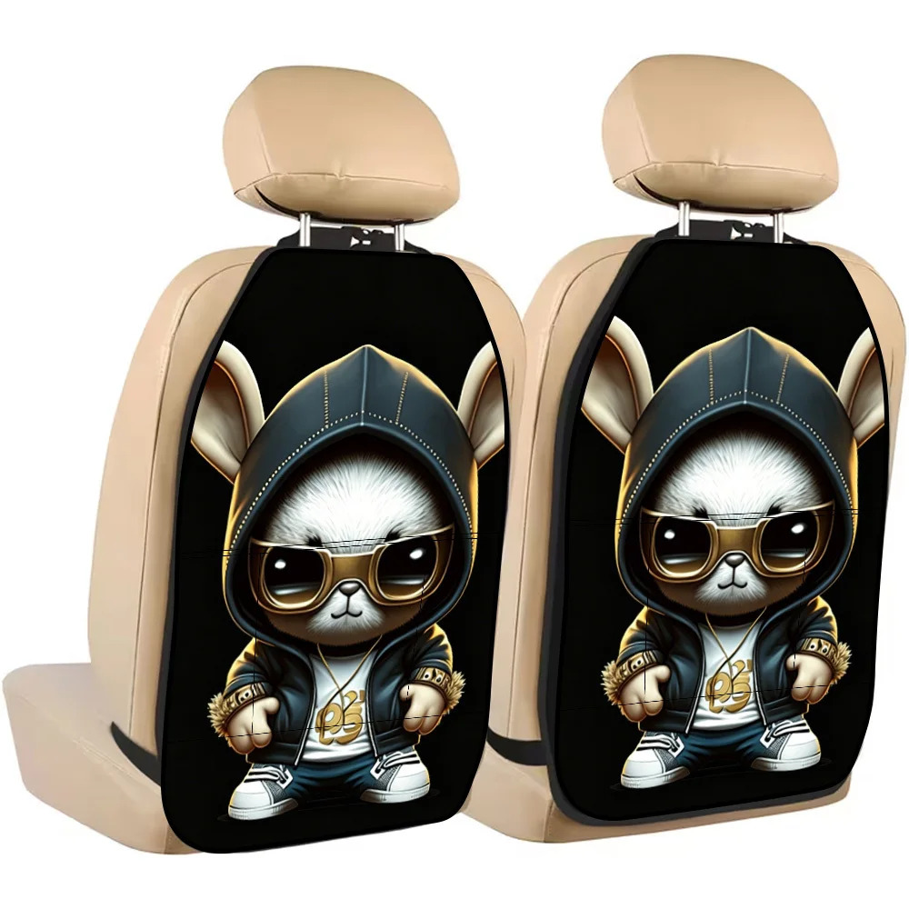 2pcs Trendy Cartoon Cute Rabbit Character Printed Car Seat Back Covers, With Storage Pockets, Rear Seat Protector Kick Mats, Uni