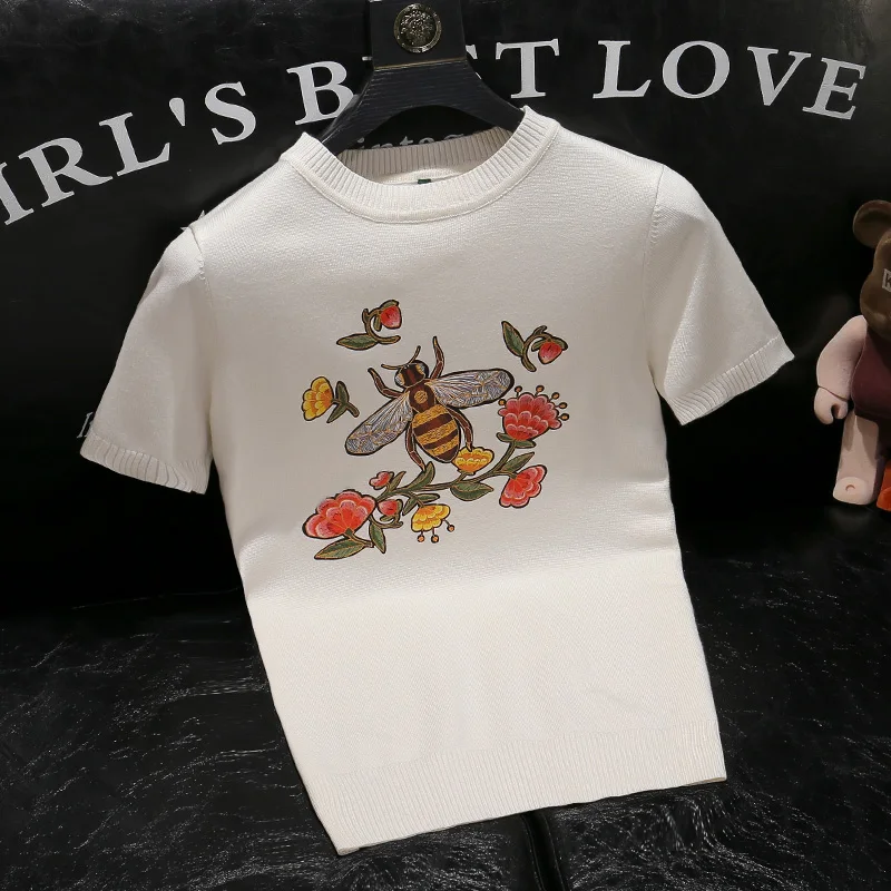 スタイリッシュな半袖ニットセーター、パッチプリント、ラウンドネック、春の新作、トレンドメンズ、ポリエステル繊維、春秋着