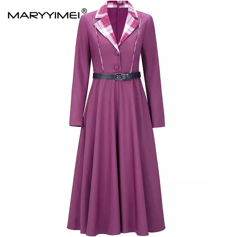 

MARYYIMEI Autumn and winter Women's fashionable Dress Notched Long Sleeved Button Commuter Black/Purple red Dresses With Belt