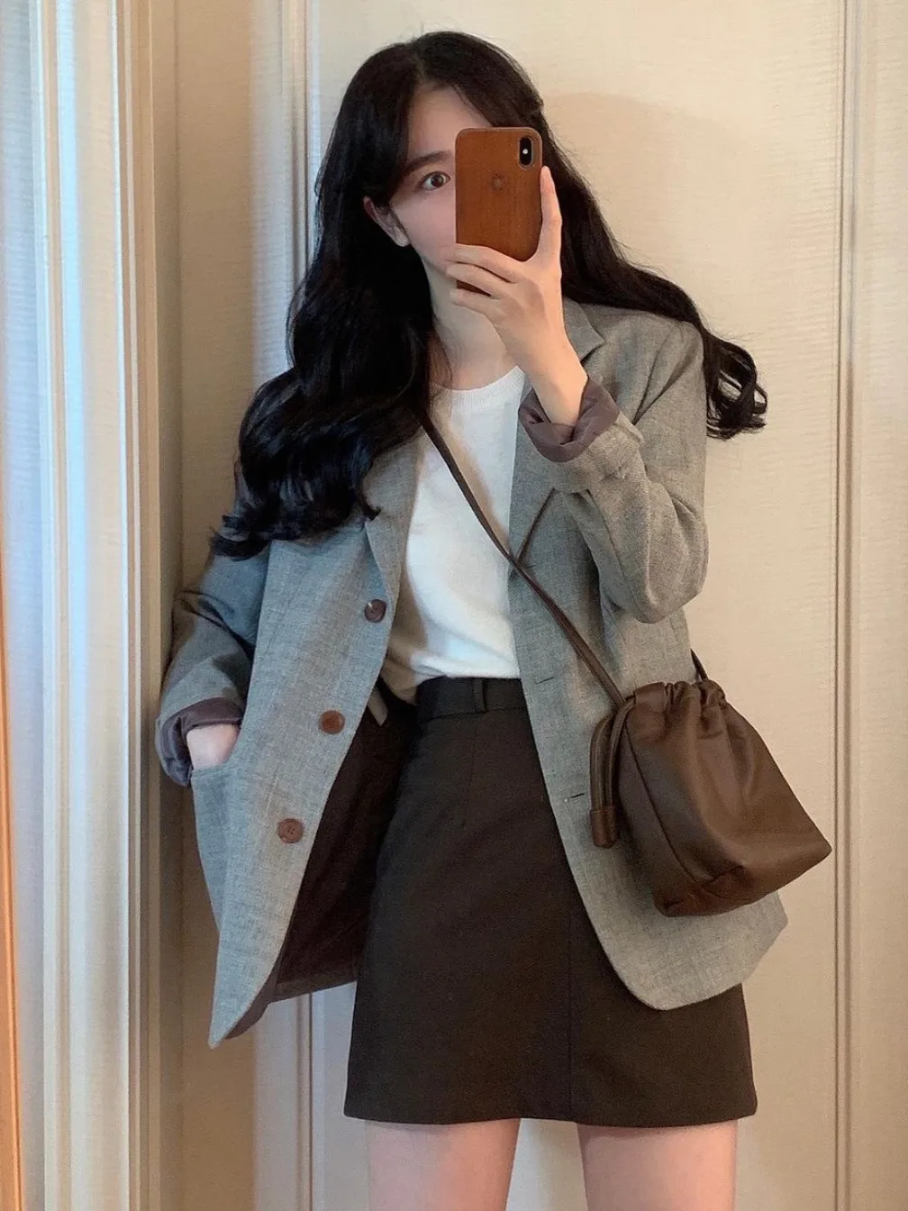 

Chic Vintage Long Sve Leisure Suit Jaet Women's Double ket Turn-down Collar Tee-button Loose Fit Versatile Outerwear
