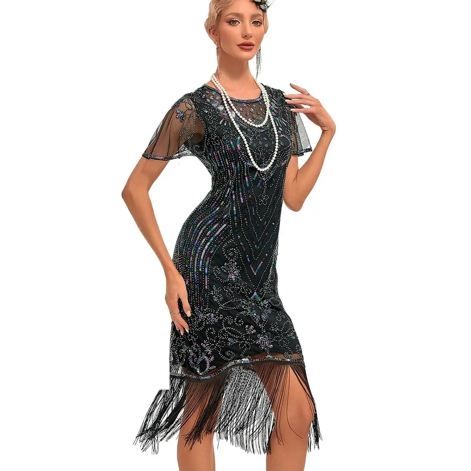Vestido melindroso com franjas e lantejoulas pretas verdes, anos 20 Gatsby rugido, gola redonda, tema vintage, festa em clube