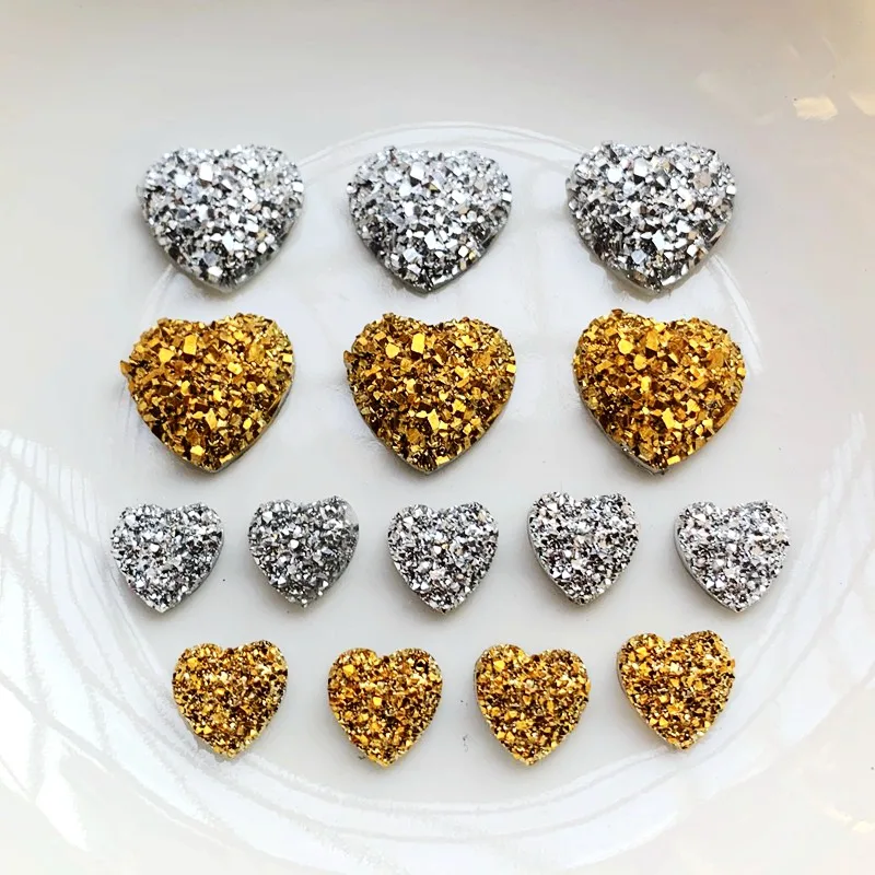 12mm&8mmGold and Silver Heart Rhinestone Applique Flatback Crystal Stones Resin Gems Non Hotfix Strass for Decoration