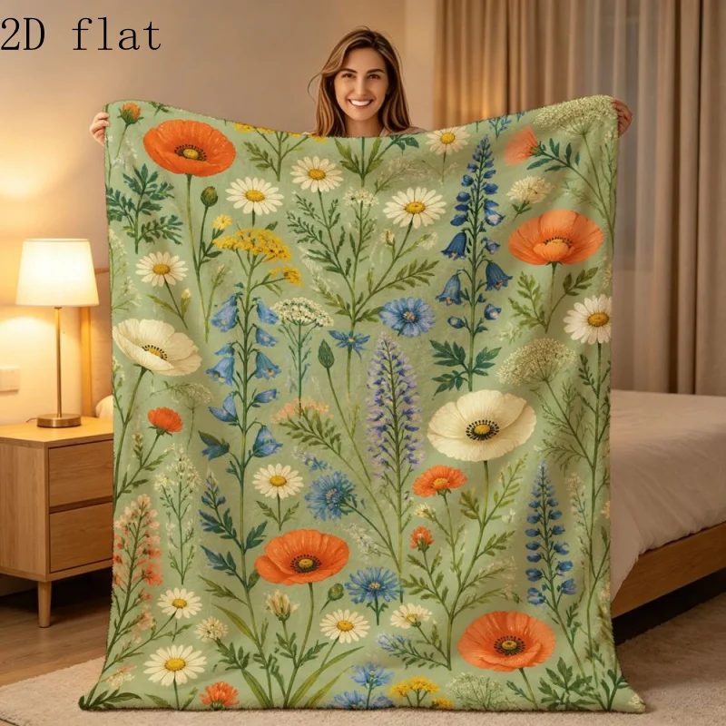 Coperta in flanella verde salvia con motivo floreale stampato in 2D