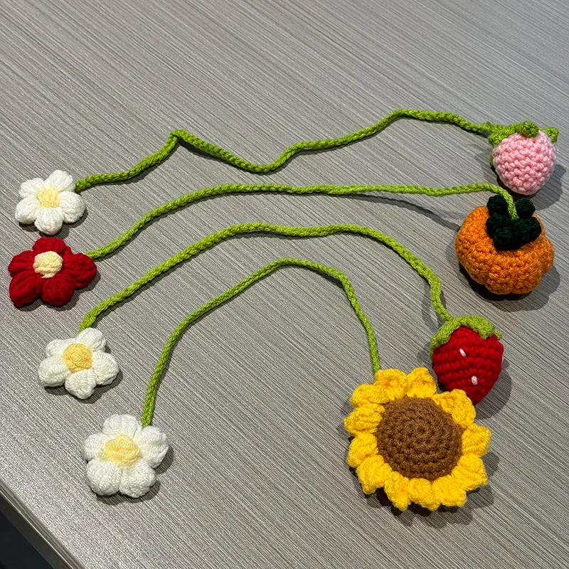 

5 Pcs New Crochet Strawberry Car Pendant DIY Handmade Flowers Bag Curtain Cute Ornament for Home Car Decor