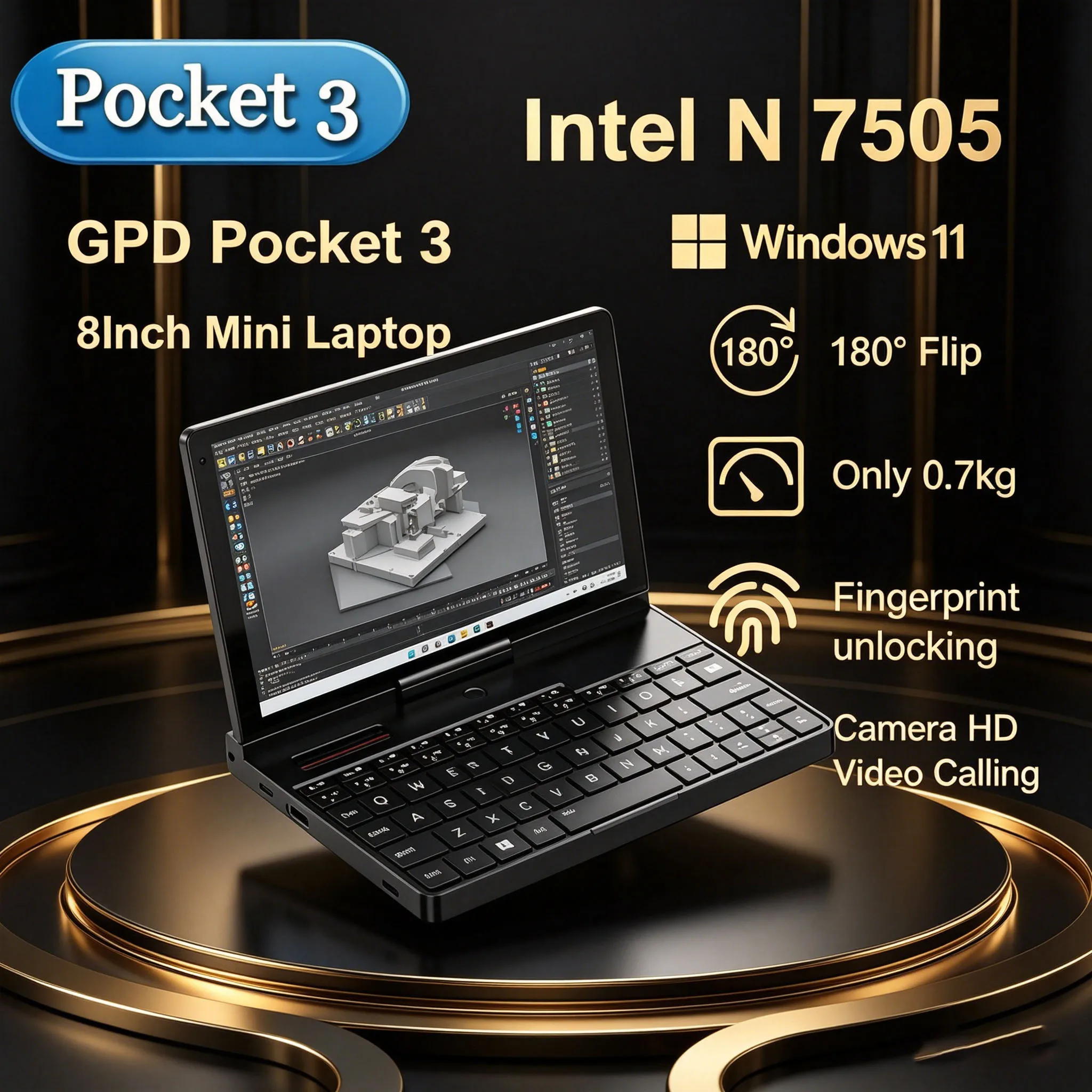 Raging Dynamic GPD Pocket 3 Mini Laptop 8Inch Intel Gold 7505 Notebook 16GB 512GB SSD Modular Full-featured Handheld Windows11