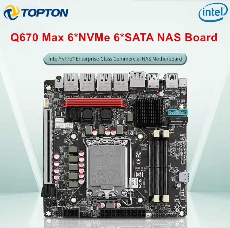 Placa-mãe Intel VPro Q670 NAS, adequado para 12, 13, 2nd Gen, CPU LGA1700, 6 * NVMe, 6 * SATA3.0, 2 * DDR5, 4X porta de rede Intel 2.5G ITX