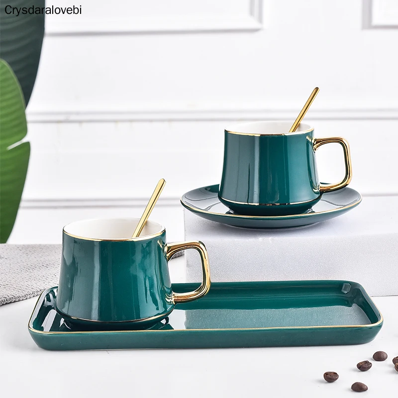 Nordic Coffee Cup Set Green Creative Coffee Cup with Spoon Dim Sum Dish Afternoon Tea Black Tea Cup Handle Mug Household Tea Set