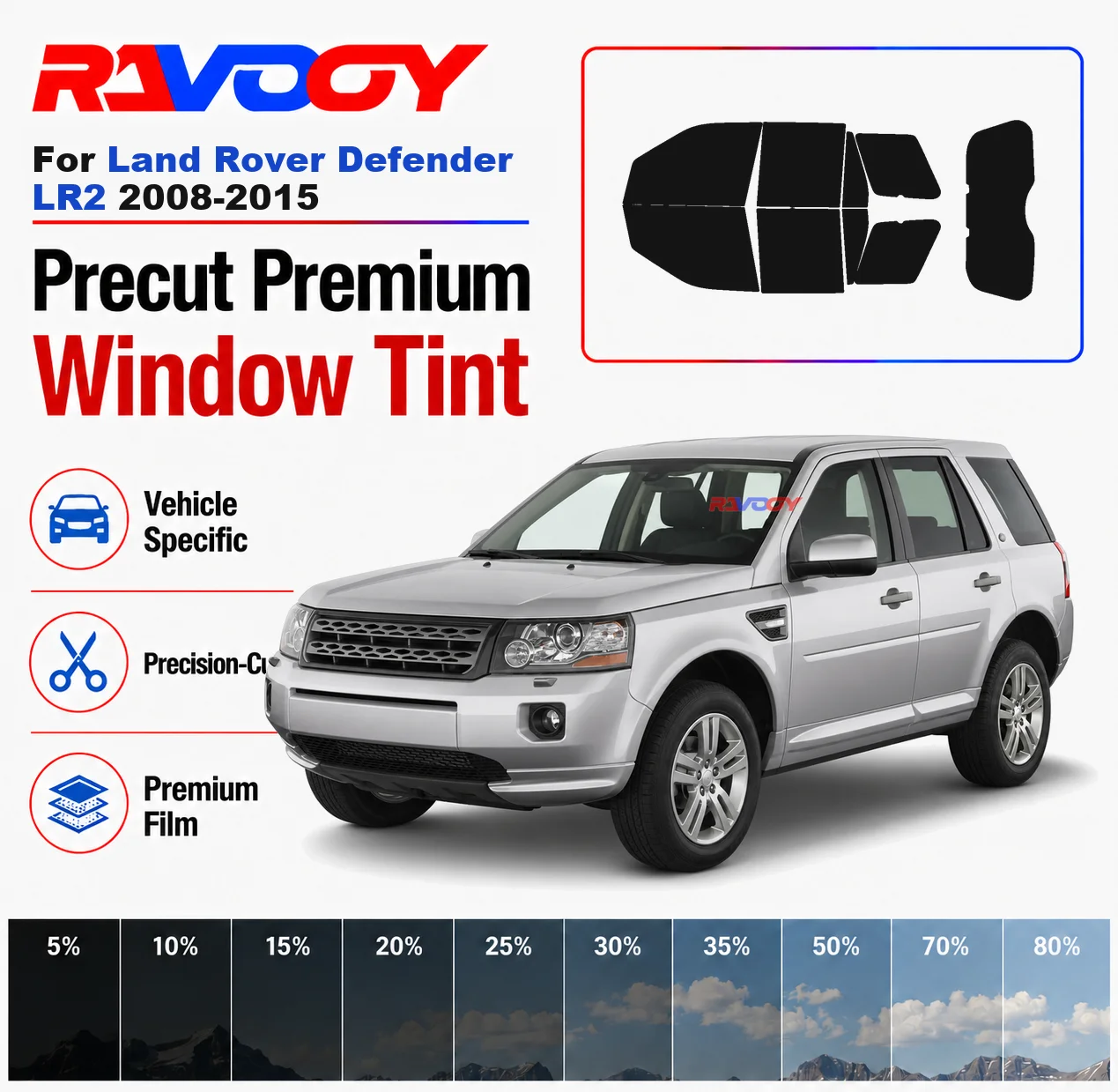 Premium Precut Window Tint Kit Front Rear Windows For Land Rover Defender LR2 2008-2015 Complete Set Car Solar Nano Ceramic Film