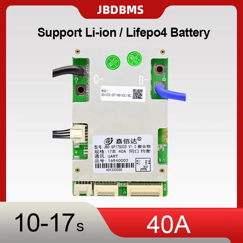 JBD SMART 40A BMS 36V 60V 10-17S Smart Lithium Battery Protection Board with UART/APP/BTfor Scooter LiFePO4 Battery DIY Projects