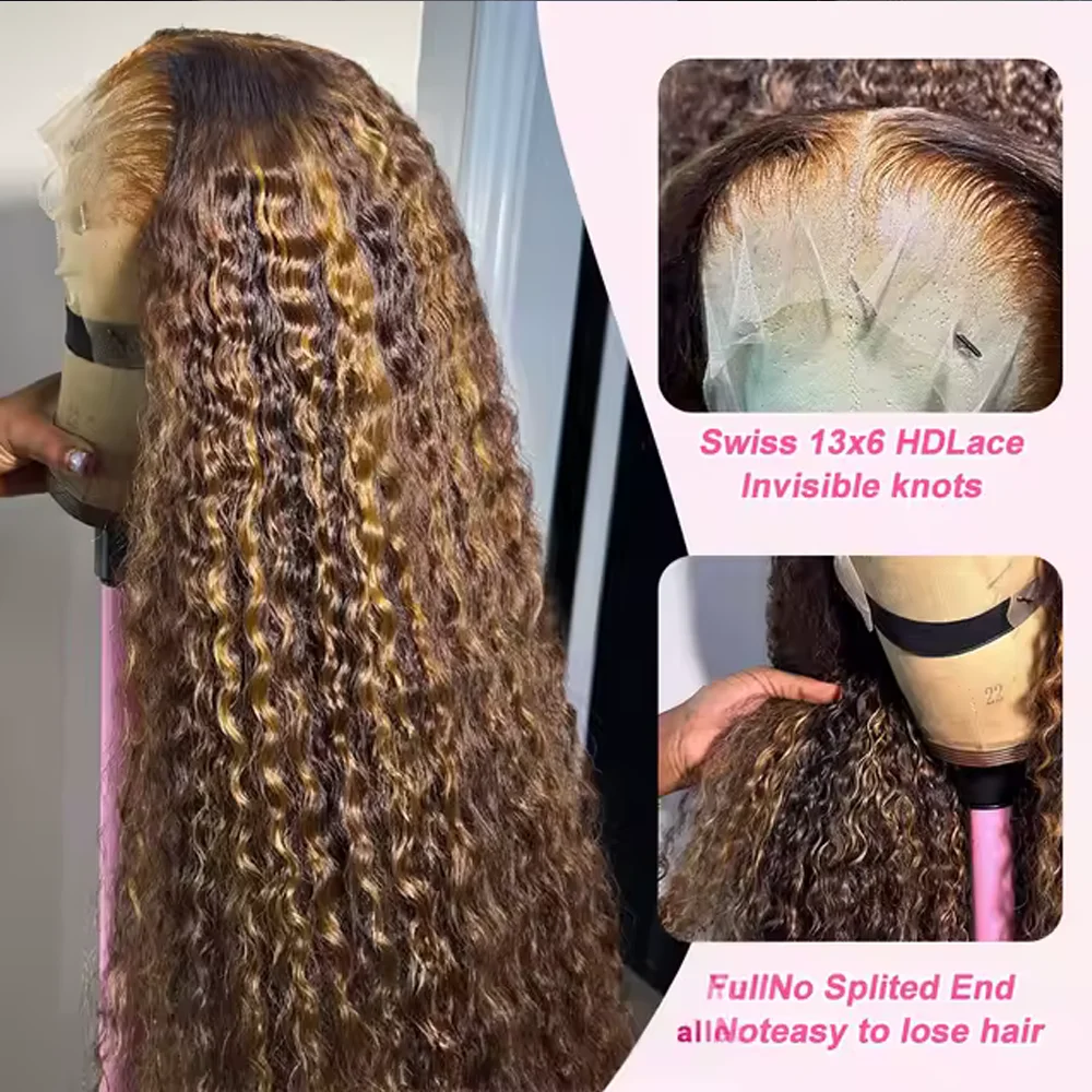 Peluca con malla Frontal ombré de 30 pulgadas, cabello humano ondulado profundo 13x4 HD, pelucas frontales de encaje rubio miel P4/27, peluca de cabello humano rizado