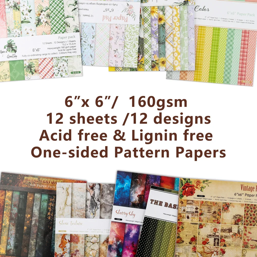 12 Sheets/Pack 6*6inch Paper Pad Different Themed Single Sided Patterned Cardstock Perfect for Journal Paper Crafting Projects