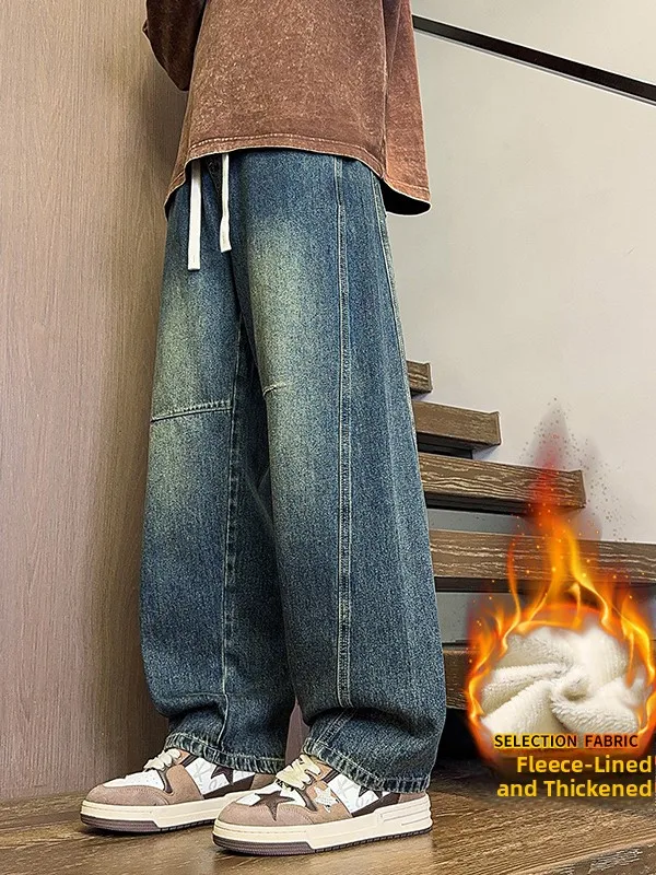 

Thiened Fce Lined Wide Leg Men's Jeans Casual Loose Fit Winter Warm Straight Cut Trousers Cotton Polyester Blend Denim