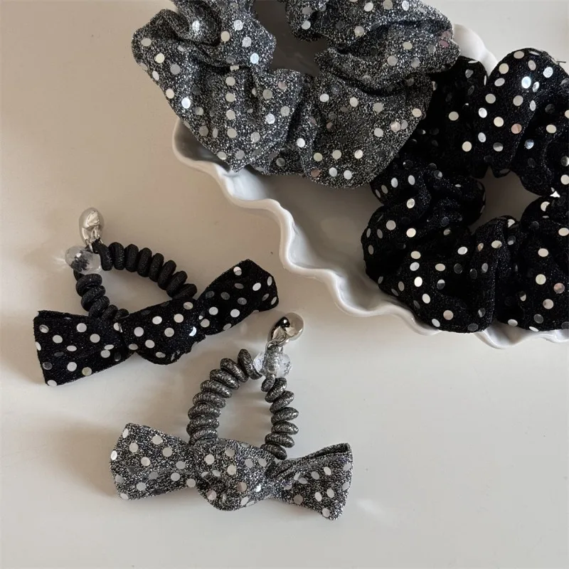 Silver sequined sequined silk fabric hair band bow phone line large intestine ring high elastic headrope new hair accessories. image 2