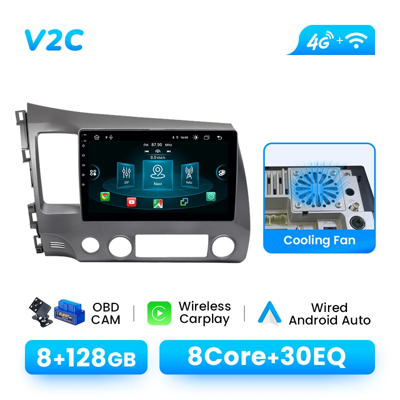XONRICH Draadloze CarPlay Android 14 Autoradio voor Honda Civic 8 2005-2011 AI Spraakbesturing GPS Navigatie 4G WiFi DSP Multimedia Autostereo Hoofdunit