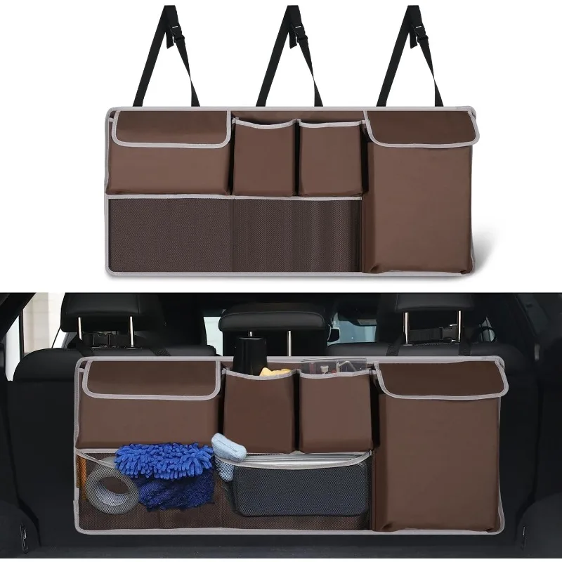

Car interior trunk hanging back seat bag, with 4 pockets and 2 mesh bags, for each brand car to provide more storage space