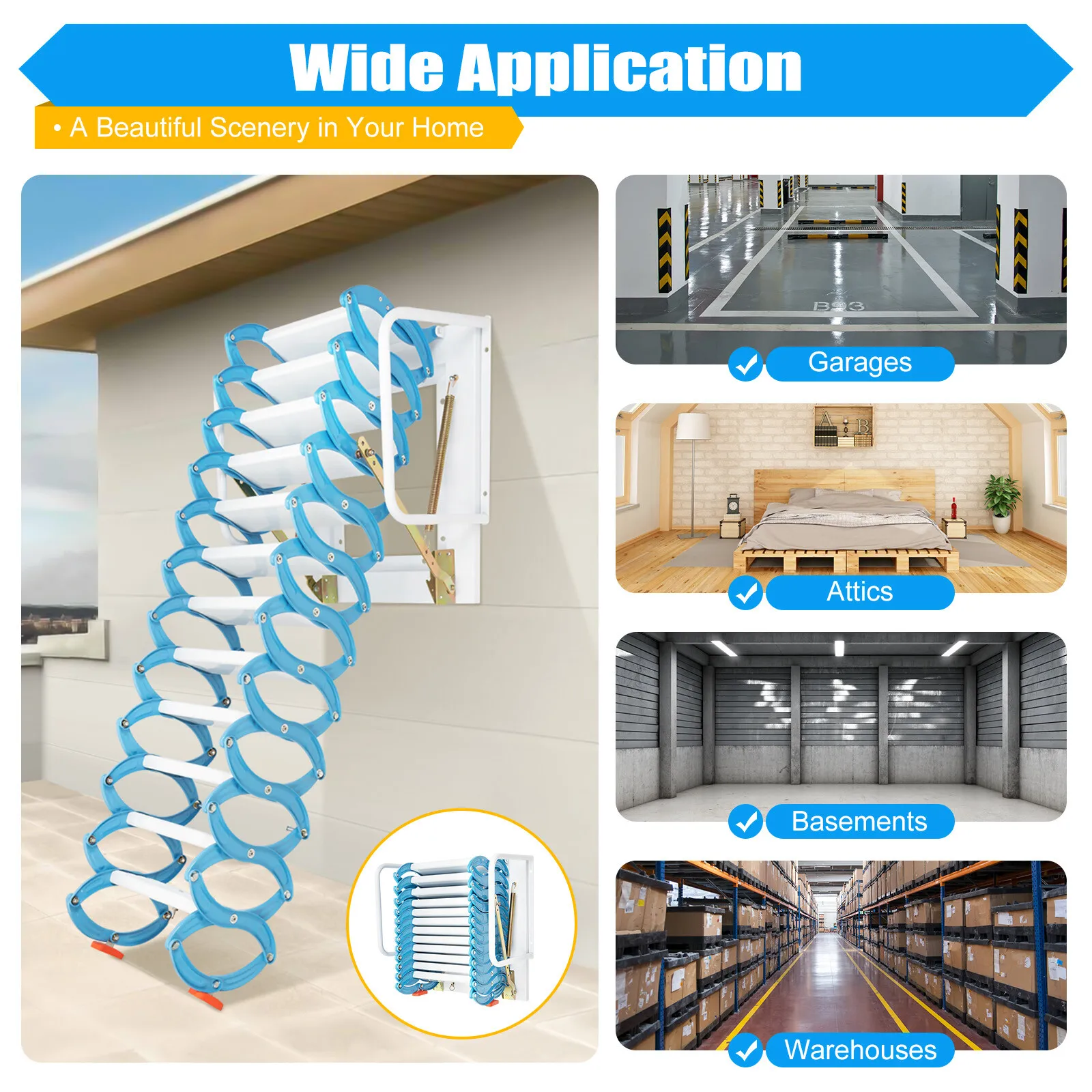 

Loft Wall Folding Pulldown Attic Ceiling Ladder 12 Steps 10.17ft Height Durable Al Mg Alloy Design