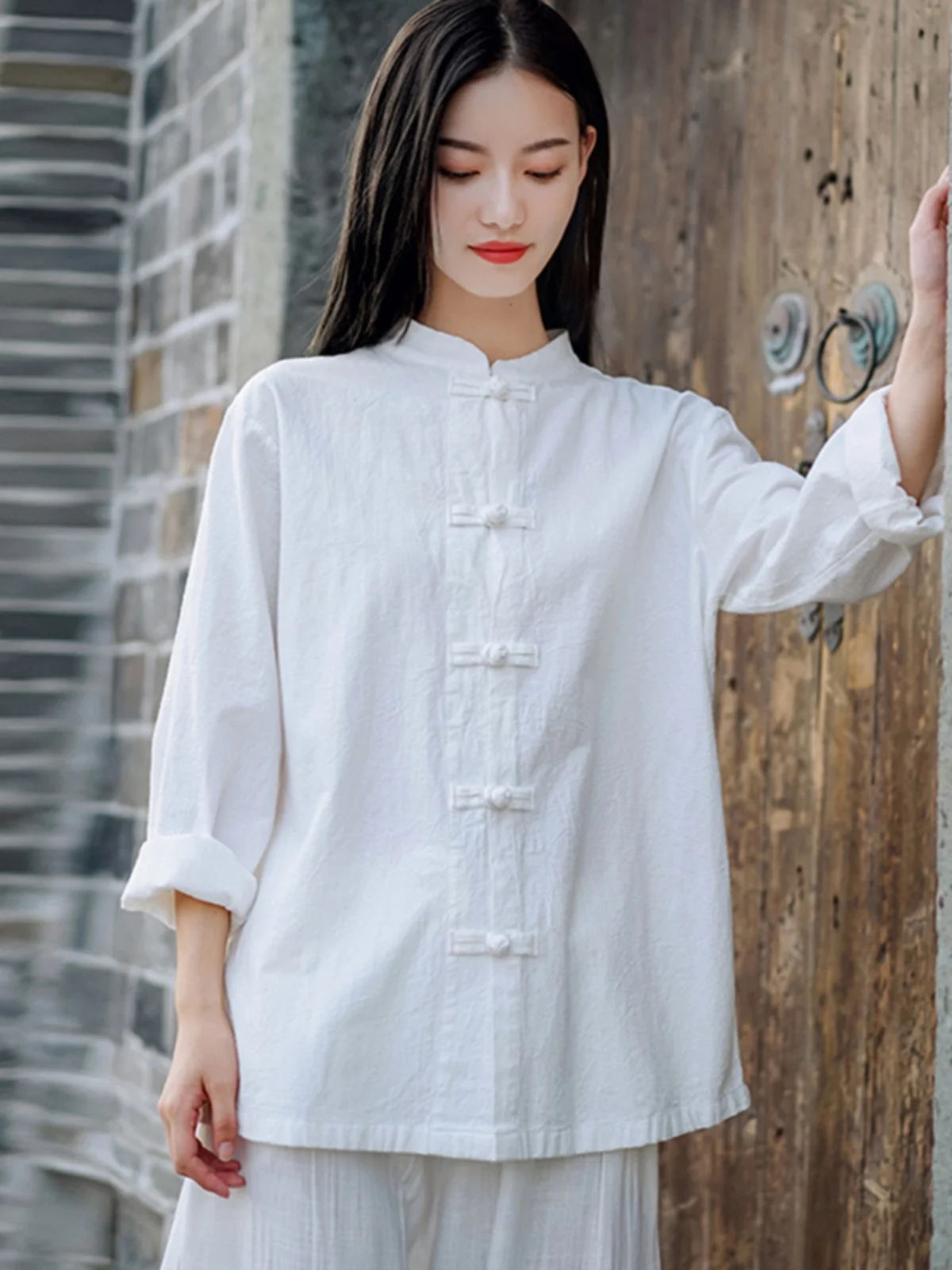 루즈핏 코튼 린넨 태극권 연습복 여성용 큰 사이즈 오픈 가디건 스타일 캐주얼 빈티지 상하의 세트