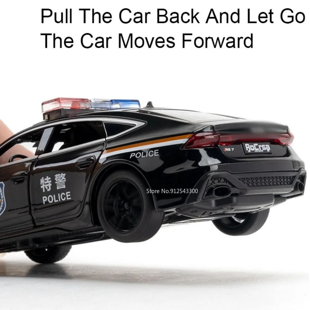 1/32 RS7 Police Car Toy Model Alloy Diecast Simulation Car Model Sound and Light Rear Wheel Pull Back Function Boy Birthday Gift