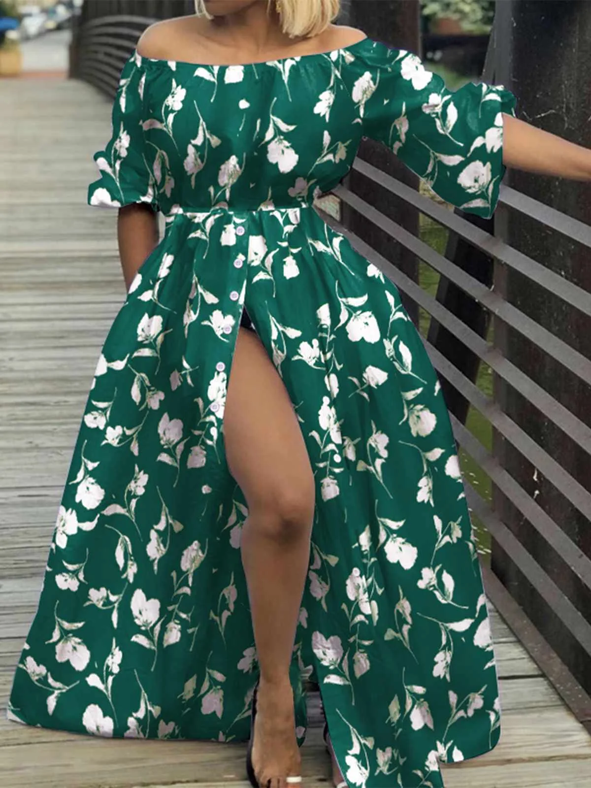 2024 Celmia Sexy Off Shoulder Long Maxi Dress Women Lantern Sleeve Floral Print Sundress Slit Summer Casual Buttons Beach Robe