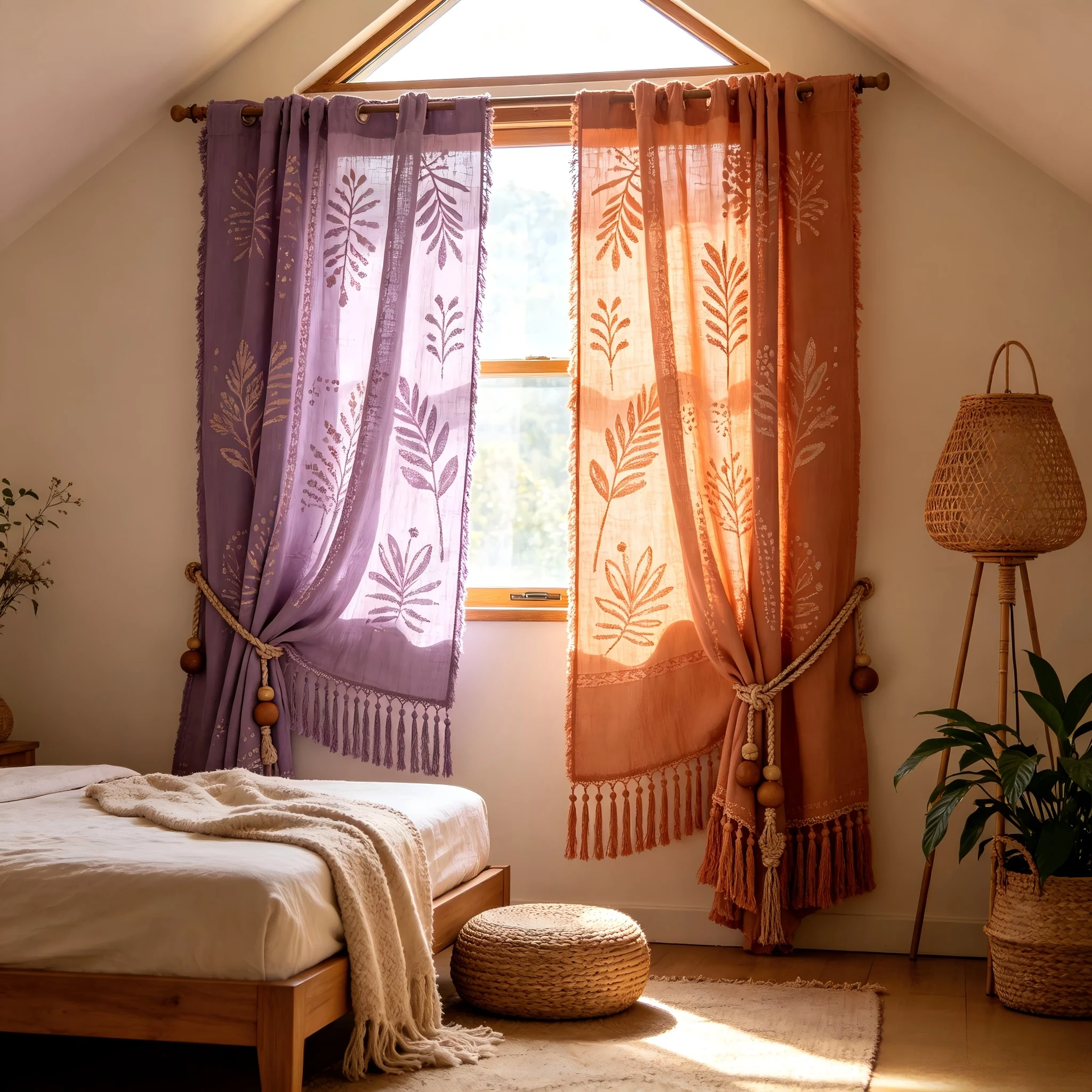 200363   Lavender Purple x Clay Orange Cotton Hemp Printed Curtains
