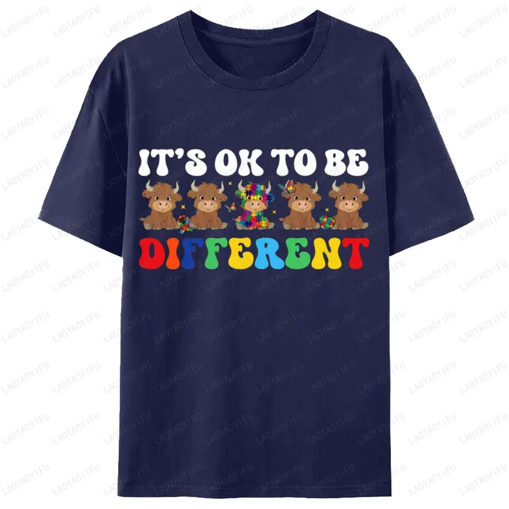 É ok para ser diferente camiseta conscientização do autismo design de vaca camisetas gráficas touro quebra-cabeça impresso mulher masculina algodão tshirt