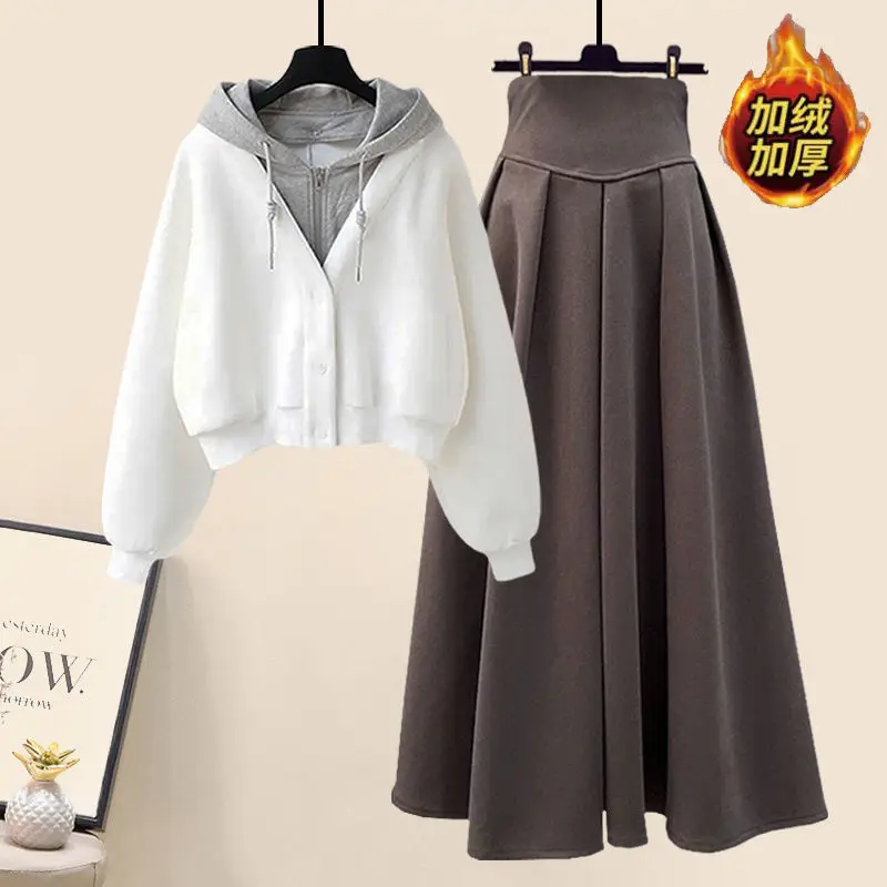 Autumn and Winter Set Women\'s 2023 New Korean Edition Slim Hooded Top High Waist Half Skirt Two Piece Set Fashion