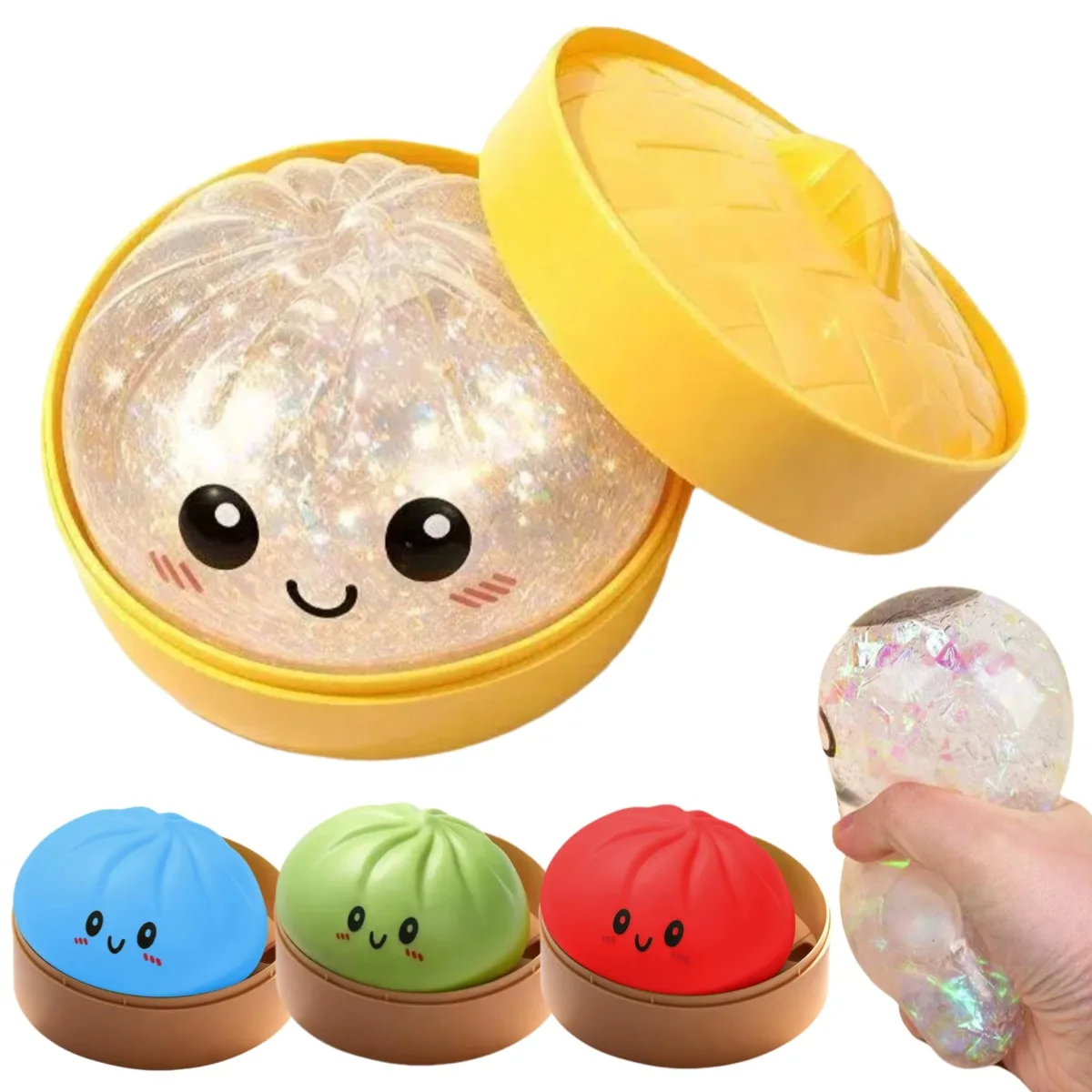 High-quality Glitter Dumpling Squishy Toy,Cute Colorful Dumpling Slow Rising Stretchy Toy with Steamer Box,Anti-Anxiety Gift ﻿