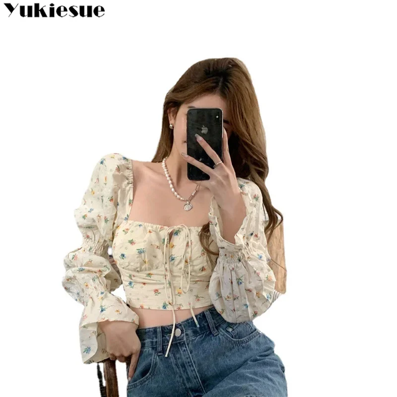 Colletto quadrato Chic Stampa Sexy Slim Estate All-match Stile coreano Tenero Camicette corte Donna Manica lunga svasata Abbigliamento da donna