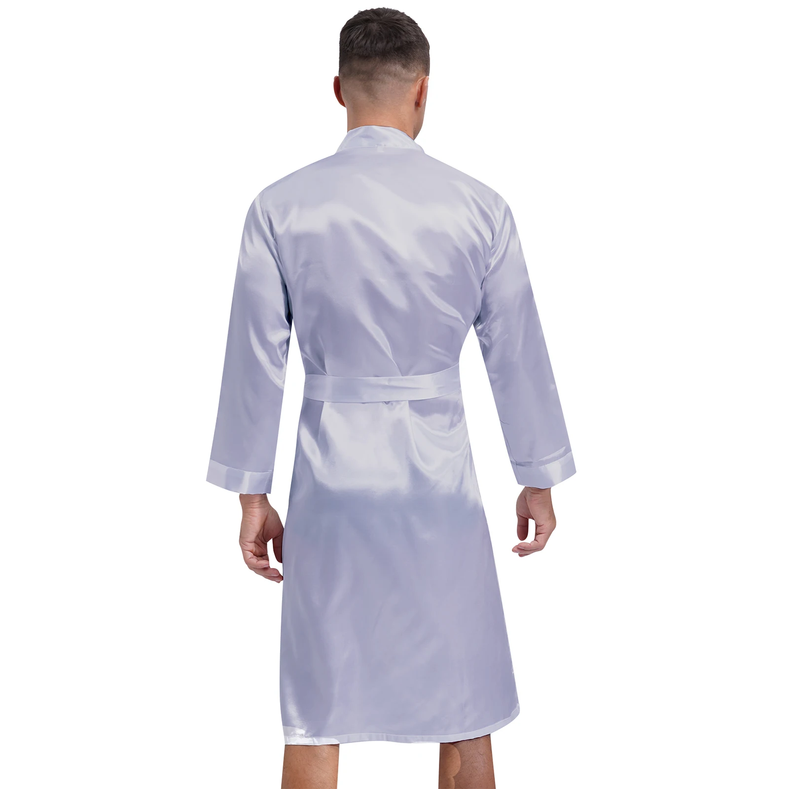 Men Satin Ice Silky Kimono Robe Luxury Lightweight Bathrobe Long Sleeve Sleepshirts Nightgown Pajamas Set Sleepwear Homewear 2Pc